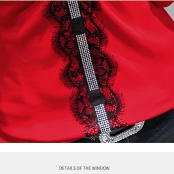 Primavera, Outono Estilo coreano T-Shirt Menina Chique Sexy Off Ombro Brilhantes Diamantes de Retalhos de Malha, Rendas de Algodão, as Mulheres Tops Tees T0D204A