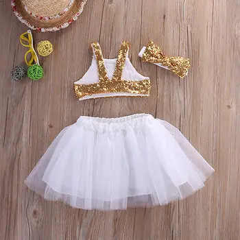 Bebê Recém-nascido Meninas de Verão de Dança Bonito Príncipes de Ouro Bowknot Tops de Paetês+Branco Saia Tutu Cabeça 3pcs Roupa Conjunto de Vestido