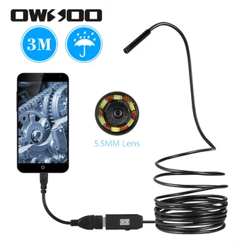 OWSOO 5.5 mm 6 LEDs USB Endoscópio Cabo de 3M Android Mini Esgoto Câmara de Boroscópio para USB OTG Fio Cobra Tubo de Câmera de Inspecção Automóvel
