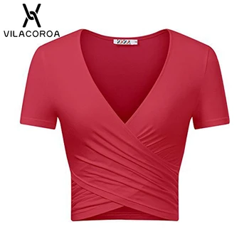 9 Cor Sexy V-Neck White Mulheres T-Shirt de Cruz Plissado de Manga Curta Vermelha Crop Top Mulheres Superior Tee Shirt Feminina camisa femme 2020