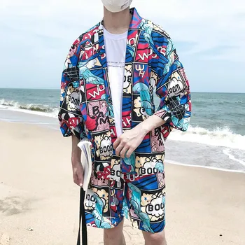 Verão, Praia, masculina Casual Conjunto de Roupas de Harajuku em Quadrinhos Impressas Estilo Quimono Camisa + Shorts de Elástico de Férias de Duas peças de Agasalho