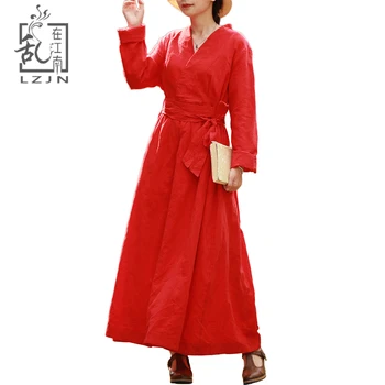 LZJN Jacquard Vermelho Vestido de Manga Longa 2019 Outono Envoltório Frente Maxi Vestido de Túnica para as Mulheres com Decote em V Cintura Alta com Cinto Vintage Manto