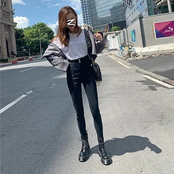 O coreano vintage de alta cintura elástica jeans skinny mulheres streetwear apertado jeans reta perna, do tornozelo-comprimento de calças slim lápis, calças