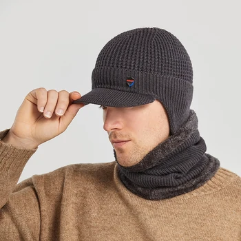 Homens de proteção auricular abafador de chapéu conjunto de cachecol de inverno, aquecedor de pescoço de malha de lã boné de Beisebol de moda de pelúcia engrossar gorro de Lã skullies