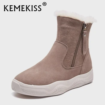 KemeKiss 2021 Nova Couro Real De Neve Ankle Boots Mulheres De Pele De Veludo Quente Zíper Flats Curto Botas Sapatos Mulheres De Tamanho De Calçado De 35-40