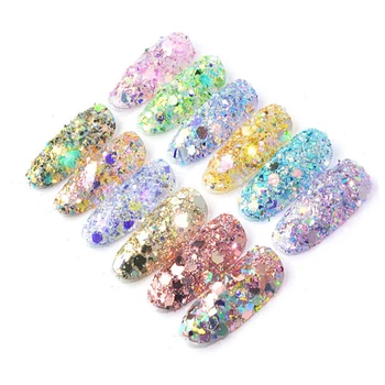 12 Caixas de Laser de Unhas de Glitter Misto Reluz 12 Estilos de Multi-cores de Unhas de Glitter em Pó Lantejoulas em Pó Para a Arte do Prego de Glitter PT59