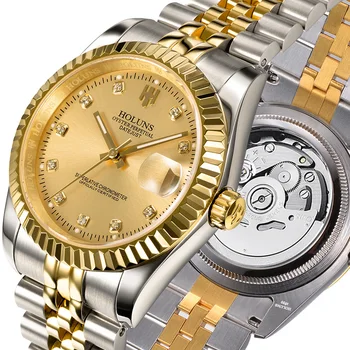 HOLUNS de luxo mecânico automático homens relógios de ouro Japão movimento de Aço Inoxidável completa 100 Impermeável Relógio de Pulso para homens