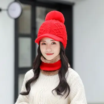 Inverno Grosso Menina Doce lindo Chapéu de Malha Lenço 2Pcs Conjunto de Mulheres de Chapéus de proteção de Ouvido chapéu Quente Skullies Beanies Tampão Fêmea
