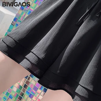 BIVIGAOS 2019 Verão de Novo Chiffon Shorts coreano Senhoras Dupla Camada de Cintura Alta Largura de Perna Shorts Ocasionais Saia Solta Curto Para Mulheres