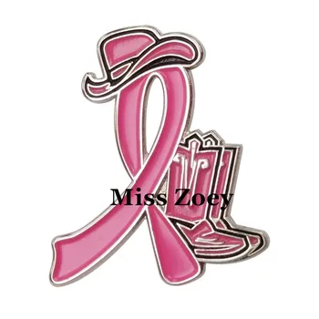 PBR207(1), Botas de Cowboy Chapéus Pé-de-Rosa da Fita de Broches Para Conscientização do Câncer de Mama Dia de Esmalte Broche Emblema