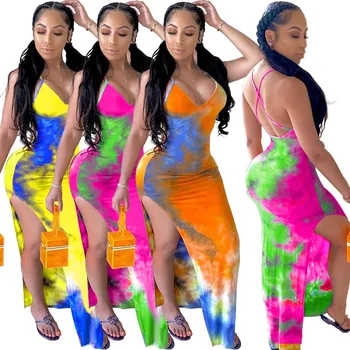 Zoctuo 2020 Tie Dye Impressão Vestidos Sexy para as Mulheres Cintas de Espaguete de Divisão de Verão, Vestidos com Decote em V Vestido Maxi sem encosto Club Vestido