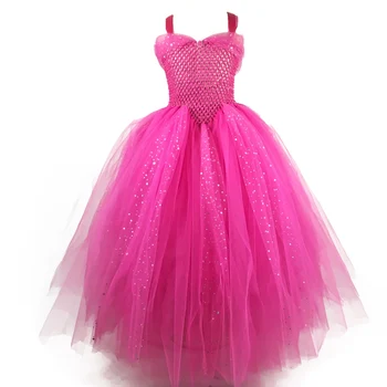 Garotas Quentes Cor-De-Rosa Glitter Tutu Vestido De Crianças De Crochê Brilho Tule Vestido Longo, Vestido De Baile Crianças Festa De Aniversário Traje Vestido De Princesa