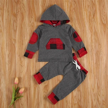 Moda Bebê Camisola com Capuz Conjunto de estampa Xadrez de Mangas compridas+Calça de Cintura Elástica com Mola do Bolso de Roupas Outono roupas de crianças