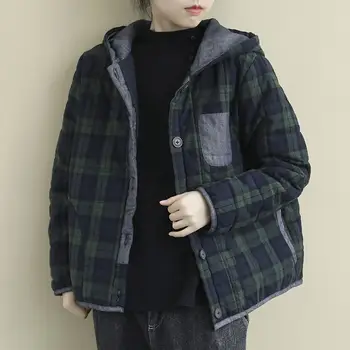 Aransue Casaco De Inverno Mulheres Coreano Moda Casaco Frouxo Grande De Algodão Veste Casual Com Capuz Projeto De Curto Xadrez Topo