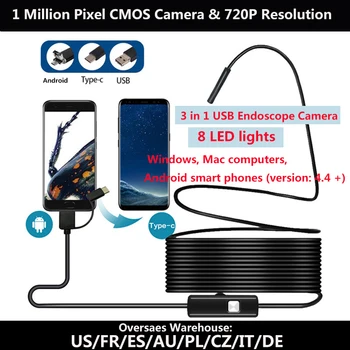 720P 8LED USB Mini Endoscópio Câmera 2m de Cabo Rígido Cobra Ponteira de Câmera de Inspeção para Smartphone Android PC