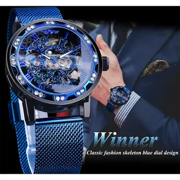 Vencedor Forma Transparente Diamante Visor Do Relógio Mecânico Azul De Malha De Aço Inoxidável Banda Luminosa Mão De Esqueleto Relógio De Pulso
