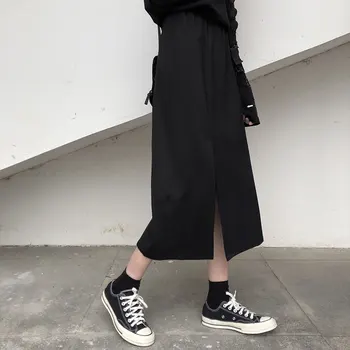 Verão de Cintura Alta preta Saias das mulheres 2019 Casual cor sólida cintura alta de uma linha de saia longa e mulheres (X299)