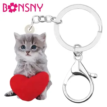 Bonsny Acrílico Dia dos Namorados Coração do Gato Gatinho chaveiros, Anéis Animal Chaveiros Para Mulheres Garota Adolescente Saco de Carro Carteira Decorações