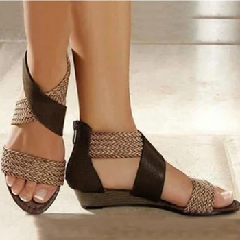 2020 Mulheres Sandálias de Mulher Roma Cânhamo Cunhas Senhoras Zíperes Sapatos de Verão, de Mulheres Confortável Cores Misturadas Calçado Plus Size