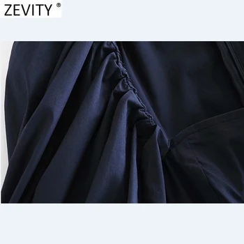 Zevity Novas Mulheres do Vintage Praça Gola Pregueada Lanterna Manga Casual Mini Vestido de Dama Elegante Tribunal de Estilo do Design com Zíper Vestido DS4775