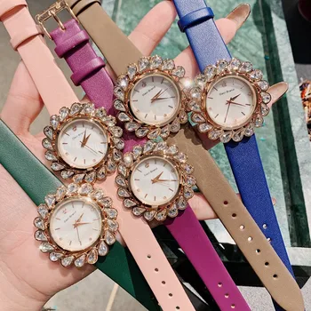 Suave cor-de-Rosa Relógios para as Mulheres mais novas Gota de Água da Flor de Cristal Assistir Real Impermeável de Couro da Marca do relógio de Pulso de Quartzo Reloj