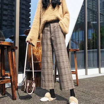 Nova wide-leg manta de lã calças compridas para mulheres de outono, o coreano estilo Straight-perna retro solta cintura alta casual corredores de mulheres calças
