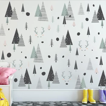 Cartoon Berçário, a sala de Aula de Crianças de Decoração do Quarto de DIY Triângulo Árvores Veado Layout Adesivos de Parede Quarto Decoração Auto-Adesivo Murais