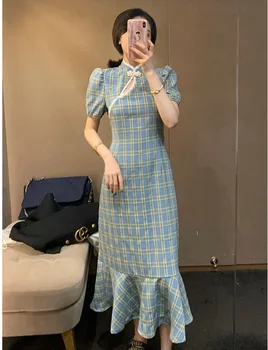 Novo e Melhorado Cheongsam Comprimento Médio Retro Xadrez Cheongsam Vestido Sereia Moderna Saia Chinês Tradicional Roupas para Mulheres