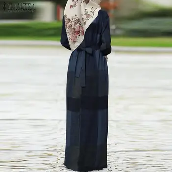 Mulheres Dubai Muçulmanos Islâmicos Kaftan Longo Vestido ZANZEA Outono Vinatge Xadrez Verificado Pirnted Puff Manga Abaya Kaftan Maxi Dress