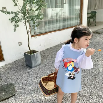 Primavera Nova Chegada estilo coreano de algodão cartoon impressos de correspondência de cores de manga longa vestido de princesa para doce de moda bebê meninas