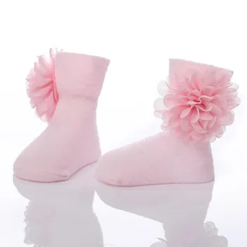 Moda baby flores meias de algodão chiffon flor meninas meias