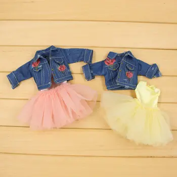 DBS Blyth gelada boneca cor-de-Rosa e Amarelo Transparente Saia com jaqueta Jeans para o CONJUNTO do corpo de moda de vestir menina de presente