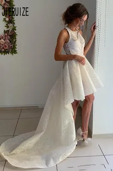 JIERUIZE Ivory Lace Frontal de curto tempo de Volta Vestidos de Casamento da Cabeçada sem encosto Alto Baixo Vestidos de Noiva Vestido de Noiva Robe De Mariee