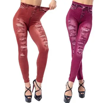 Mulheres Casual Jeans Skinny Rasgada Calças De Cintura Alta Trecho De Comprimento Total Longo Do Lápis Calças