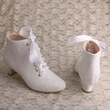 Fita Laço Mulheres Designer de Botas para o Casamento de Renda Branca Chunky Calcanhar