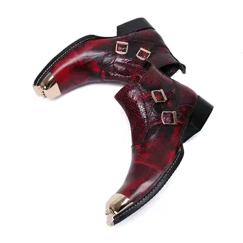 Bota masculina vermelho de fivela de cinta chelsea ankle boots homens sapatos de trabalho de ouro de aço do dedo do pé vestido de sapatos de couro militar sapatos masculinos