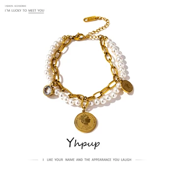 Yhpup Moda Imitações de Pérolas Retrato em Camadas Pulseira de Charme Chain de Aço Inoxidável, Bracelete da Jóia para a Mulher бижутерия 2020