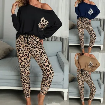 2020 Feminina Outono Casual 2020 Leopard Mulheres, Casa, Roupas da Moda O-Long neck Mangas Soltas Pijama Conjuntos