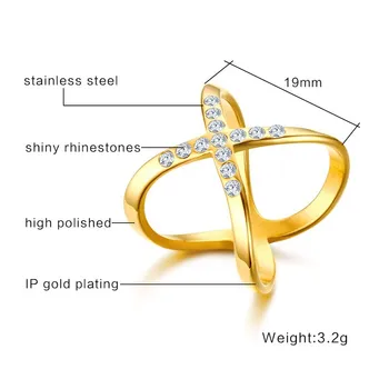 Mulheres da Jóia das Senhoras CZ Anéis de Aniversário de X em Forma de Anel, com Resumo de Design em Aço Inoxidável Dourado