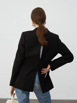 Elegante blazer preto, mulheres de outono, de roupas elegantes, de volta afrouxou blazers casaco com cinto manteau femme