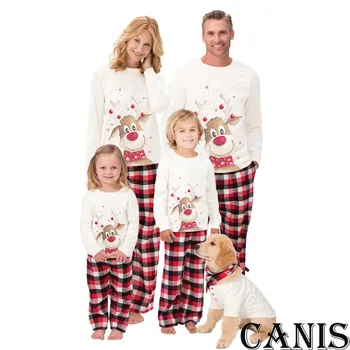 Natal NATAL da Família de Correspondência de Pijama Conjunto de Mulheres Adultas, as Crianças de pijamas, Pijamas de Manga Longa veado Imprimir T-shirt Xadrez Longo Panst