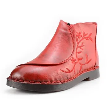 Senhoras de Couro Genuíno Botas de Pele de Moda Bordar Mulheres Botas de 2020 Sapatos de Inverno Preto Flats Ankle Boots botas para Mulheres