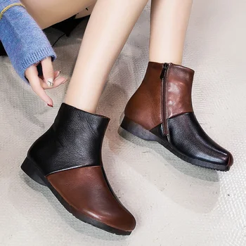 GKTINOO Quente de Couro Genuíno de Botas de Inverno de Calçados femininos Mulher Vintage Ankle Boots Para as Mulheres Plano Saltos Zíper Botas Mujer