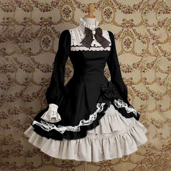 Gothic Lolita Vestido Vintage Plissado Laço Bonito Feminina Manga Longa Kawaii Roupas Renascimento Medieval Elegante Maxi Vestidos De Mulheres