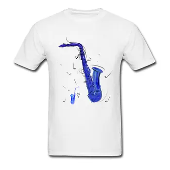 Saxofone Desenho de T-shirt dos Homens de Azul Branca Camiseta Casual Amante da Música da Banda Camisetas Algodão Roupas de Streetwear Simples