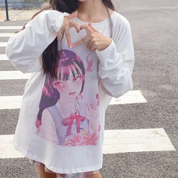 T-shirt branca nova Japonês jk manga longa feminina suave irmã ins faculdade de estilo solto menina de impressão de t-shirt branca aluno camisa
