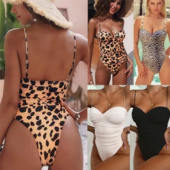 Maiô Mulheres estampa de Leopardo Bodysuit de Uma Peça de moda praia 2020 Nova Alça Acolchoada trajes de Banho Push-up Monokini Biquini maiô