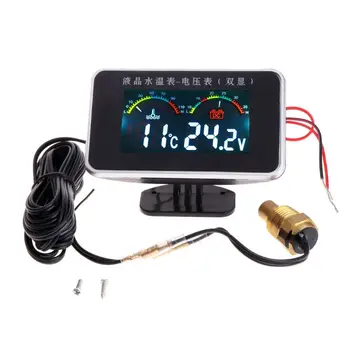 Do Carro 12V/24V LCD de Água Medidor de Temperatura do Termômetro de Voltímetro Medidor de 2em1 Temp & Medidor de Tensão Sensor de 17mm