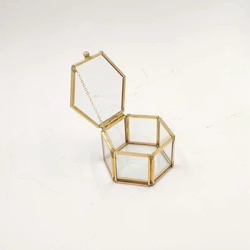Quente YO-Hexagonal de Vidro Transparente da Caixa do Anel de Casamento da Caixa do Anel Geométrica de Vidro transparente Caixa de Jóias Jóias Organizador Titular de Mesa C