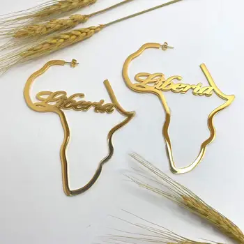 Moda Novo Nome Personalizado Grandes Brincos De Argola Para As Mulheres Personalizadas Nome Do Brinco De Aço Inoxidável, Brincos De Ouro Africano Mapa De Jóias
